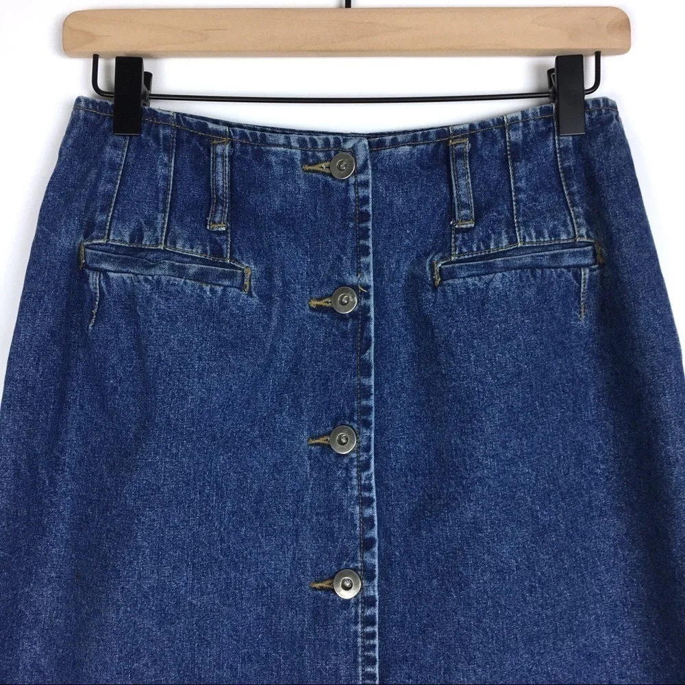 VINTAGE Jean Skirt 90s Y2K Denim Button Front Retro Modest Minimalist Size 9/10
